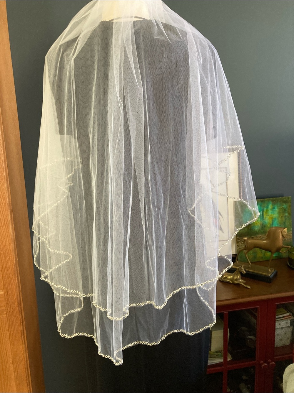 White Beaded 35” Blusher -Silver Bead and Pearl Edge Veil